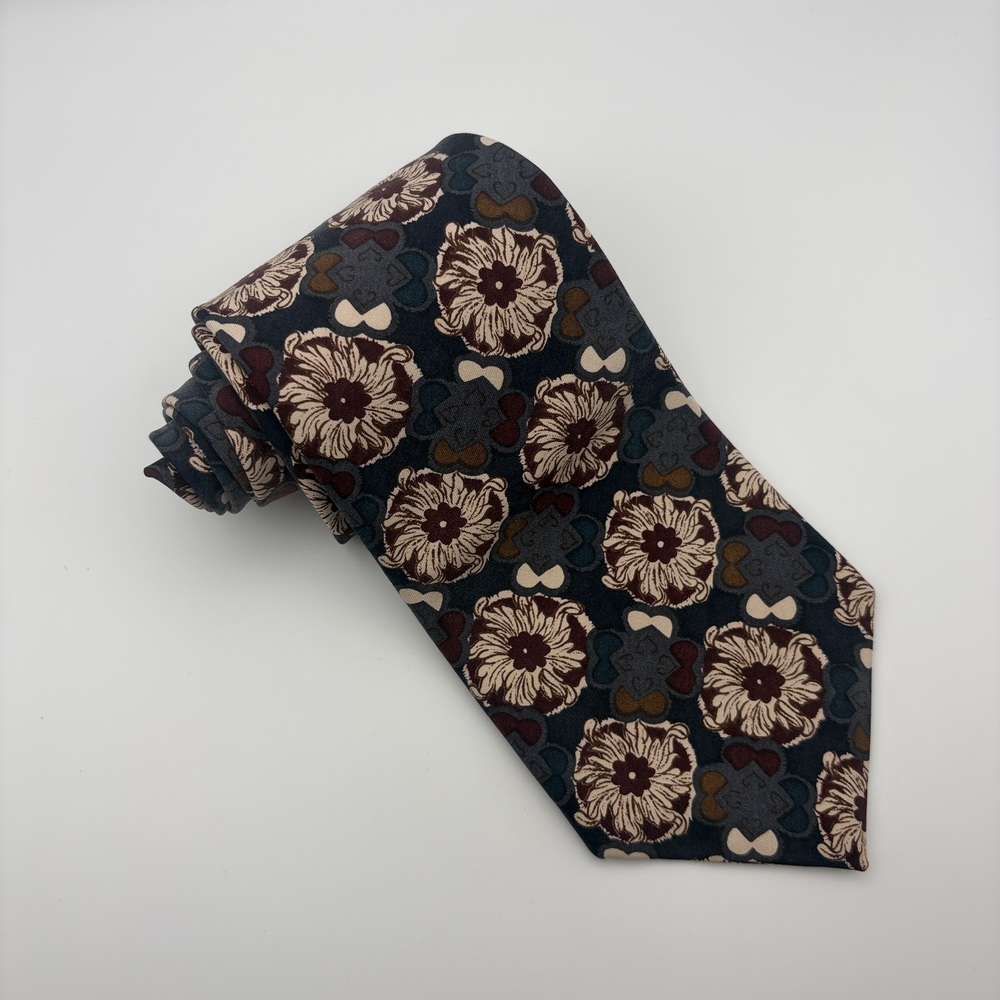 Vivace Tie All Silk Vintage Floral Print 58" Length 4" Wide Blue Burgundy